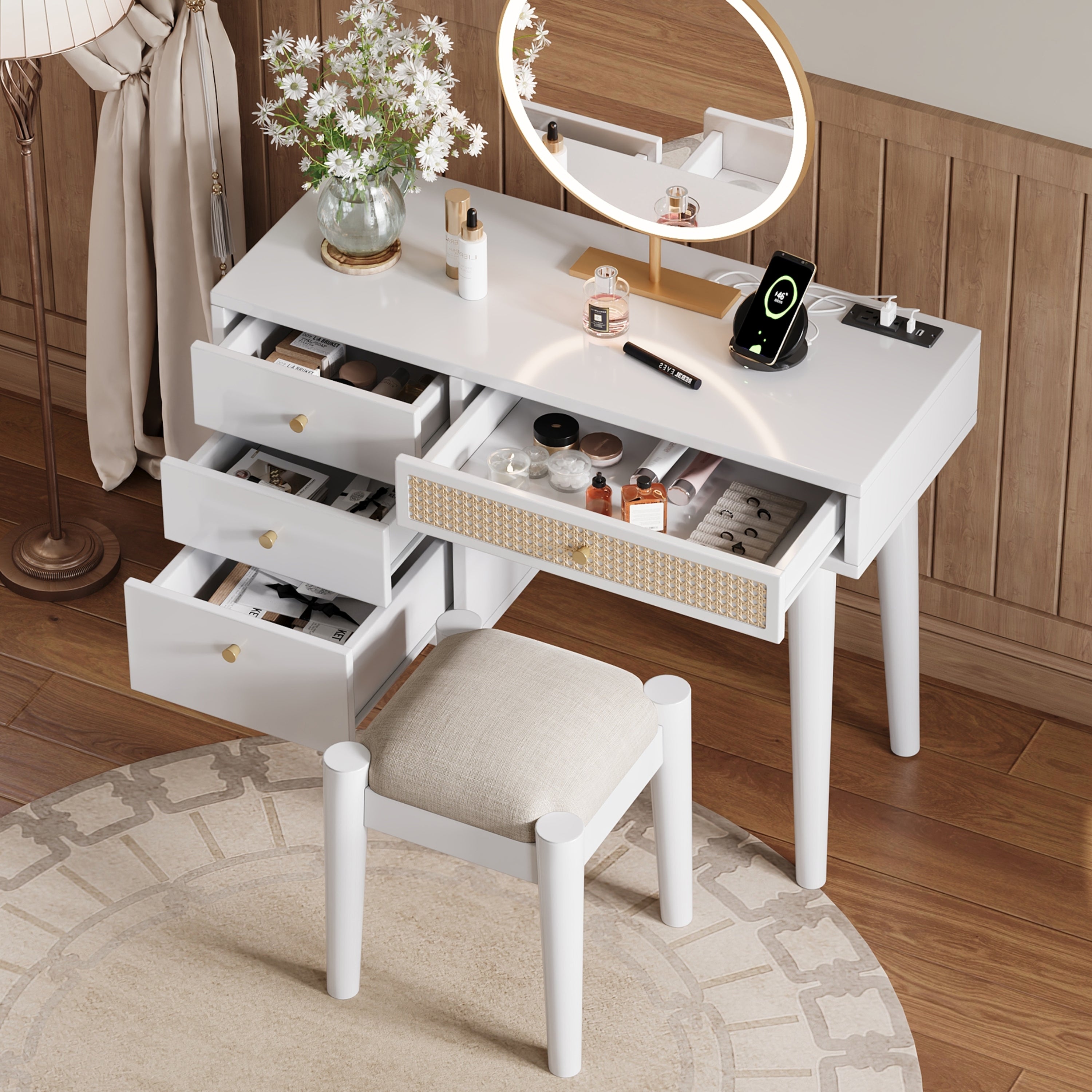 39' Retro Bohemian Style Wooden Makeup Vanity Set with Charging Plug&USB Port and Stool, Dressing Table with 3 Storage Drawers and 1 Rectangular Rattan Drawer, White