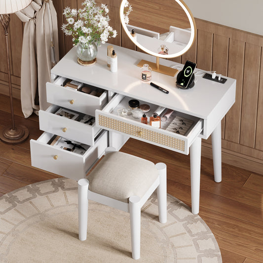 39' Retro Bohemian Style Wooden Makeup Vanity Set with Charging Plug&USB Port and Stool, Dressing Table with 3 Storage Drawers and 1 Rectangular Rattan Drawer, White