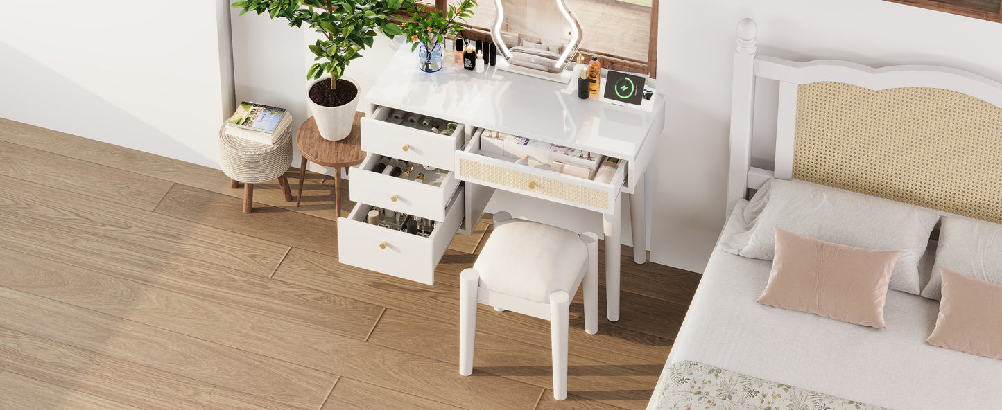 39' Retro Bohemian Style Wooden Makeup Vanity Set with Charging Plug&USB Port and Stool, Dressing Table with 3 Storage Drawers and 1 Rectangular Rattan Drawer, White