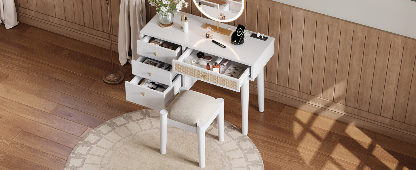 39' Retro Bohemian Style Wooden Makeup Vanity Set with Charging Plug&USB Port and Stool, Dressing Table with 3 Storage Drawers and 1 Rectangular Rattan Drawer, White