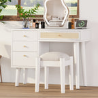 39' Retro Bohemian Style Wooden Makeup Vanity Set with Charging Plug&USB Port and Stool, Dressing Table with 3 Storage Drawers and 1 Rectangular Rattan Drawer, White