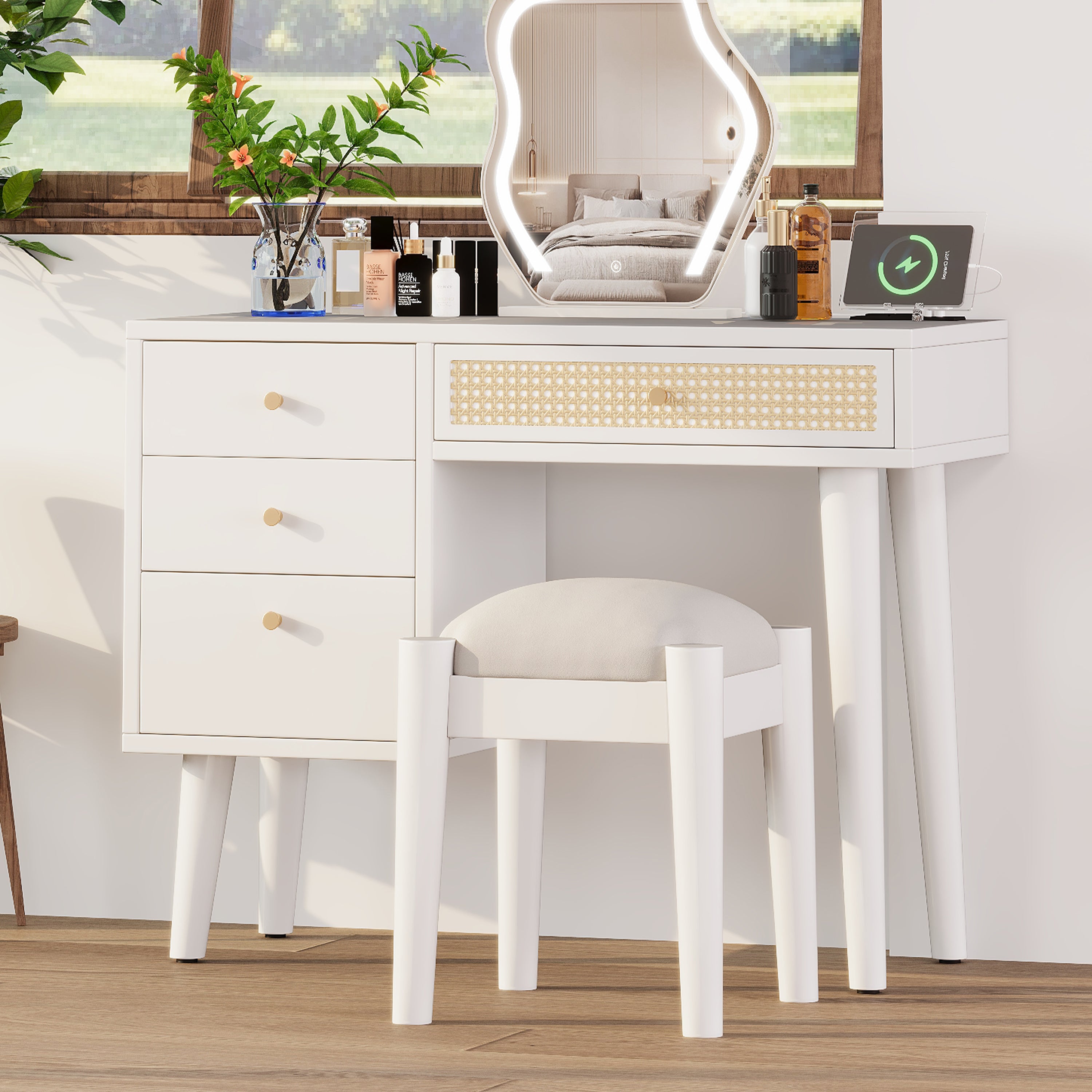 39' Retro Bohemian Style Wooden Makeup Vanity Set with Charging Plug&USB Port and Stool, Dressing Table with 3 Storage Drawers and 1 Rectangular Rattan Drawer, White