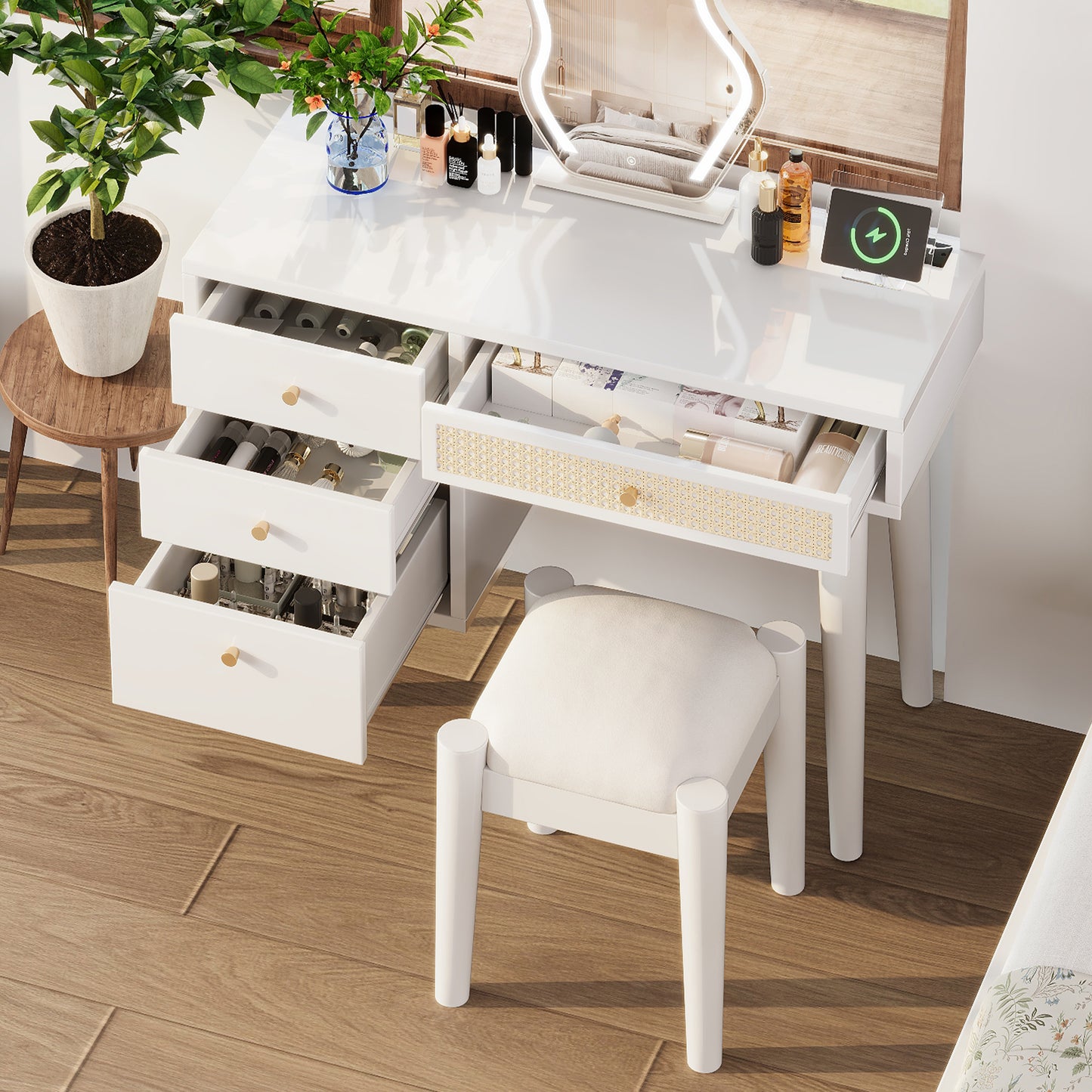 39' Retro Bohemian Style Wooden Makeup Vanity Set with Charging Plug&USB Port and Stool, Dressing Table with 3 Storage Drawers and 1 Rectangular Rattan Drawer, White