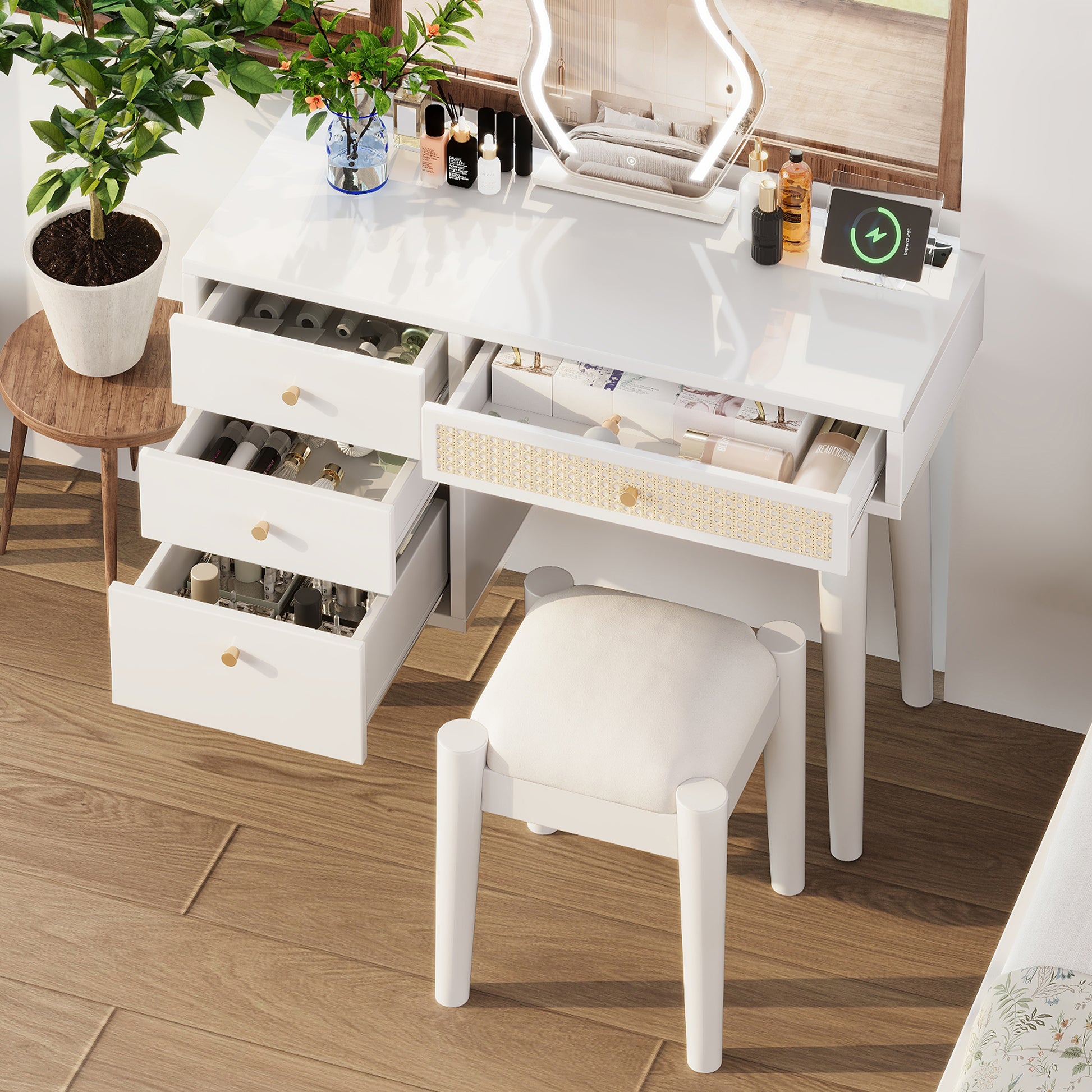 39' Retro Bohemian Style Wooden Makeup Vanity Set with Charging Plug&USB Port and Stool, Dressing Table with 3 Storage Drawers and 1 Rectangular Rattan Drawer, White