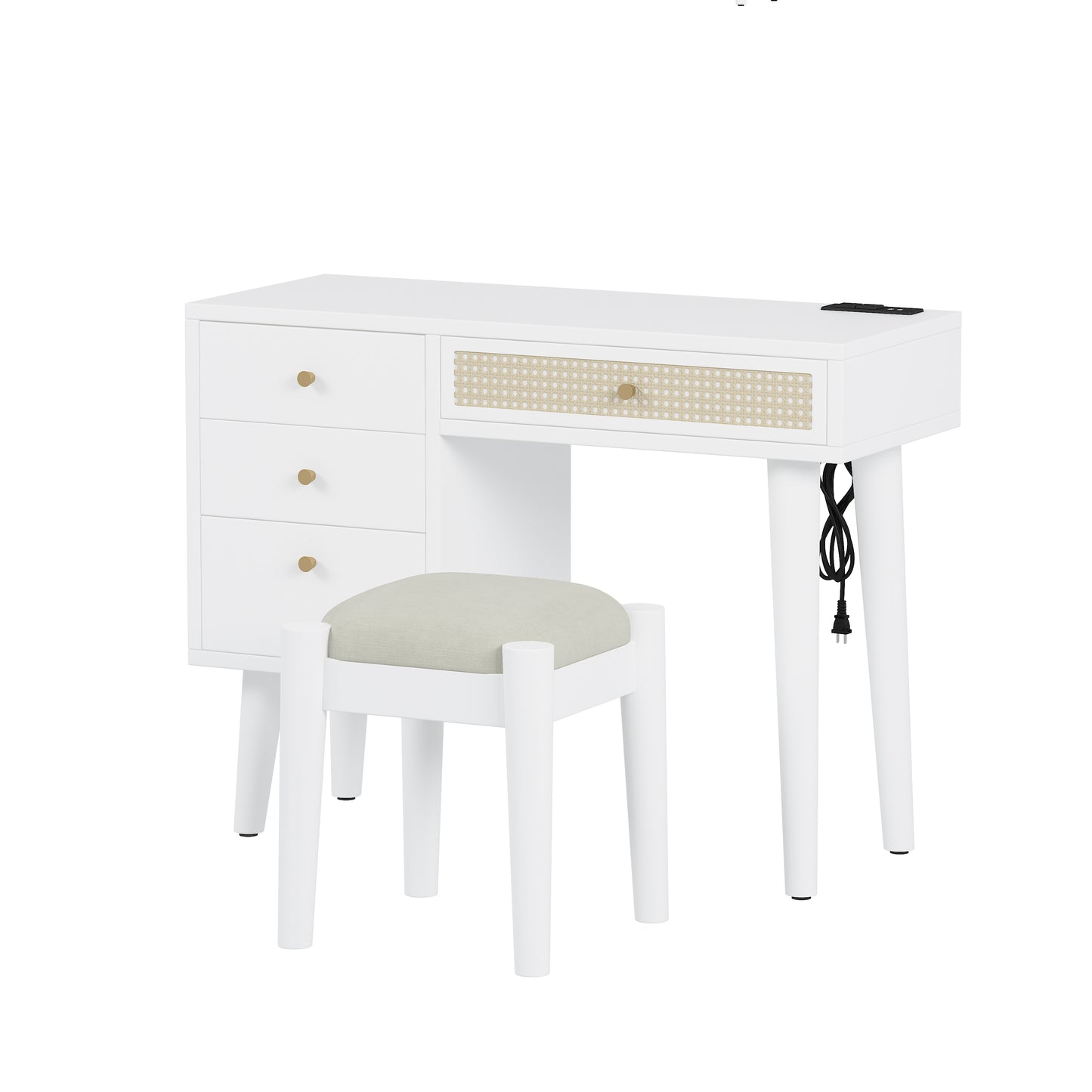 39' Retro Bohemian Style Wooden Makeup Vanity Set with Charging Plug&USB Port and Stool, Dressing Table with 3 Storage Drawers and 1 Rectangular Rattan Drawer, White