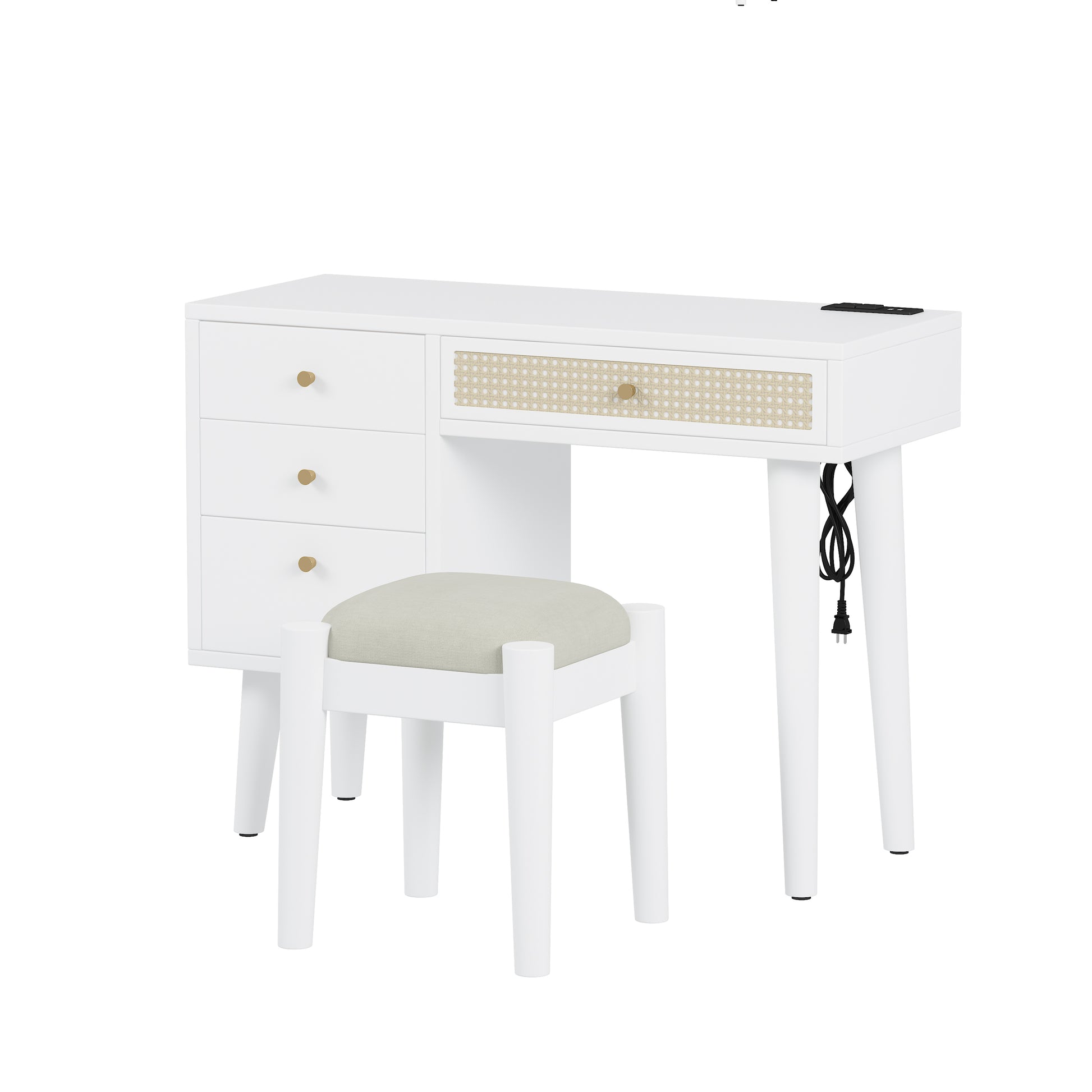 39' Retro Bohemian Style Wooden Makeup Vanity Set with Charging Plug&USB Port and Stool, Dressing Table with 3 Storage Drawers and 1 Rectangular Rattan Drawer, White