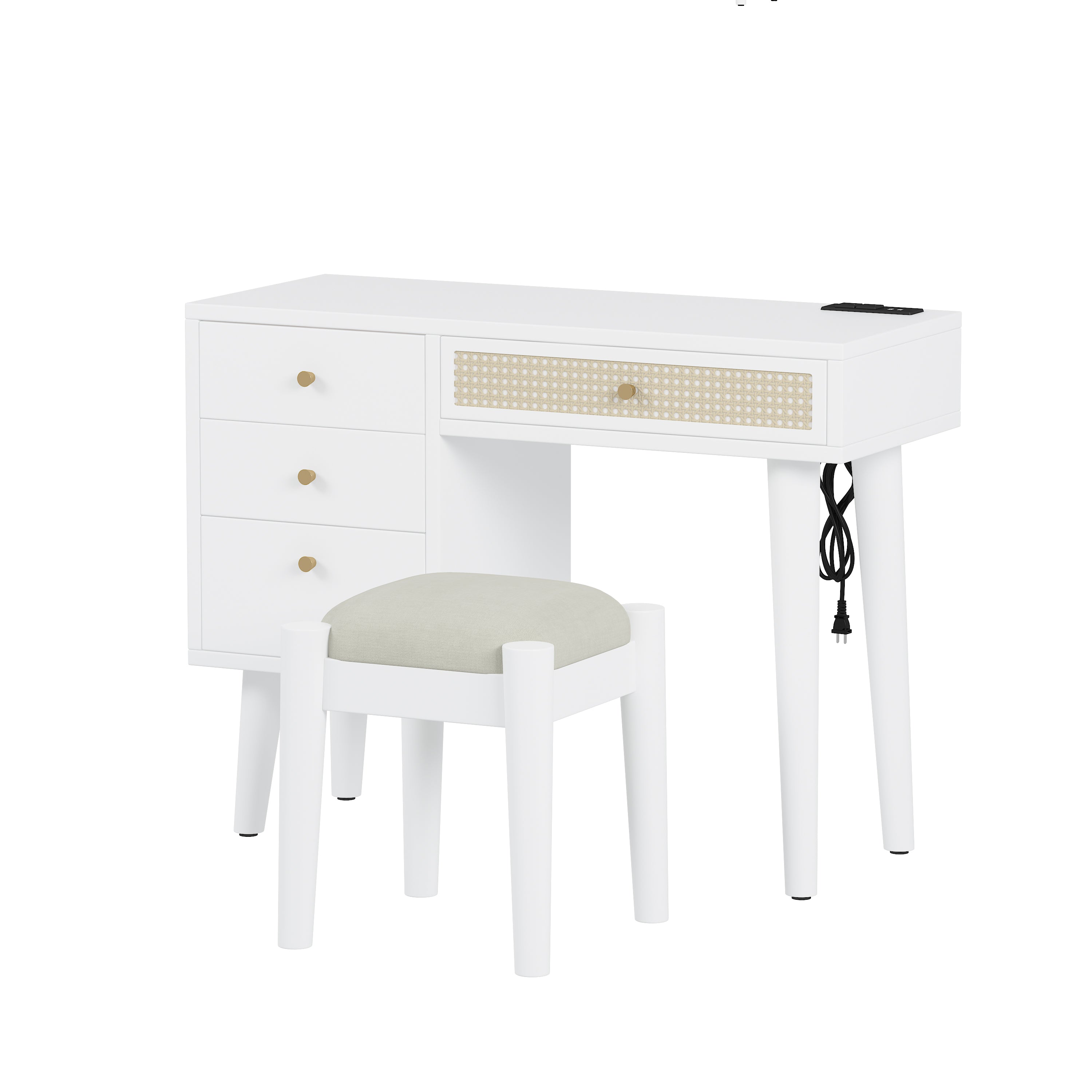 39' Retro Bohemian Style Wooden Makeup Vanity Set with Charging Plug&USB Port and Stool, Dressing Table with 3 Storage Drawers and 1 Rectangular Rattan Drawer, White