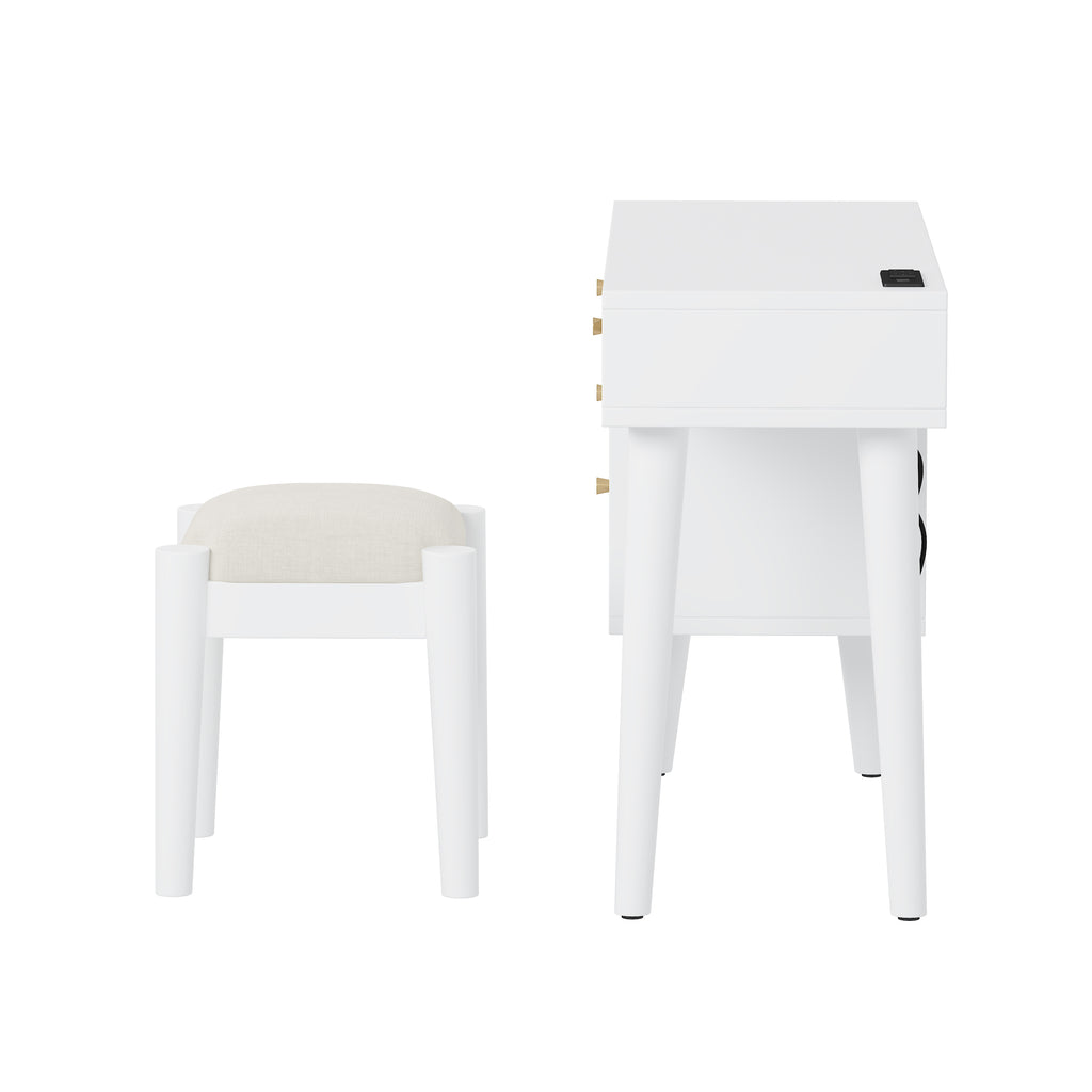 39' Retro Bohemian Style Wooden Makeup Vanity Set with Charging Plug&USB Port and Stool, Dressing Table with 3 Storage Drawers and 1 Rectangular Rattan Drawer, White