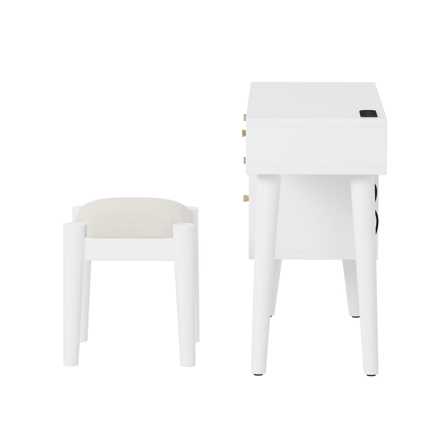 39' Retro Bohemian Style Wooden Makeup Vanity Set with Charging Plug&USB Port and Stool, Dressing Table with 3 Storage Drawers and 1 Rectangular Rattan Drawer, White