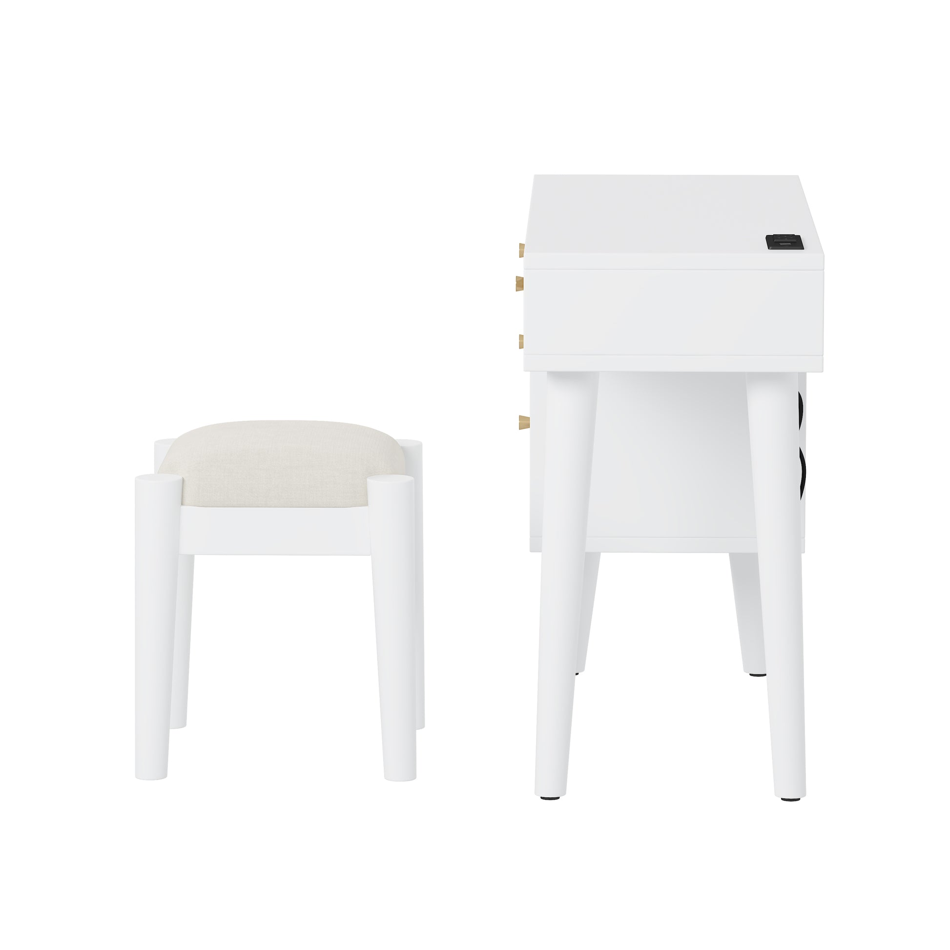 39' Retro Bohemian Style Wooden Makeup Vanity Set with Charging Plug&USB Port and Stool, Dressing Table with 3 Storage Drawers and 1 Rectangular Rattan Drawer, White