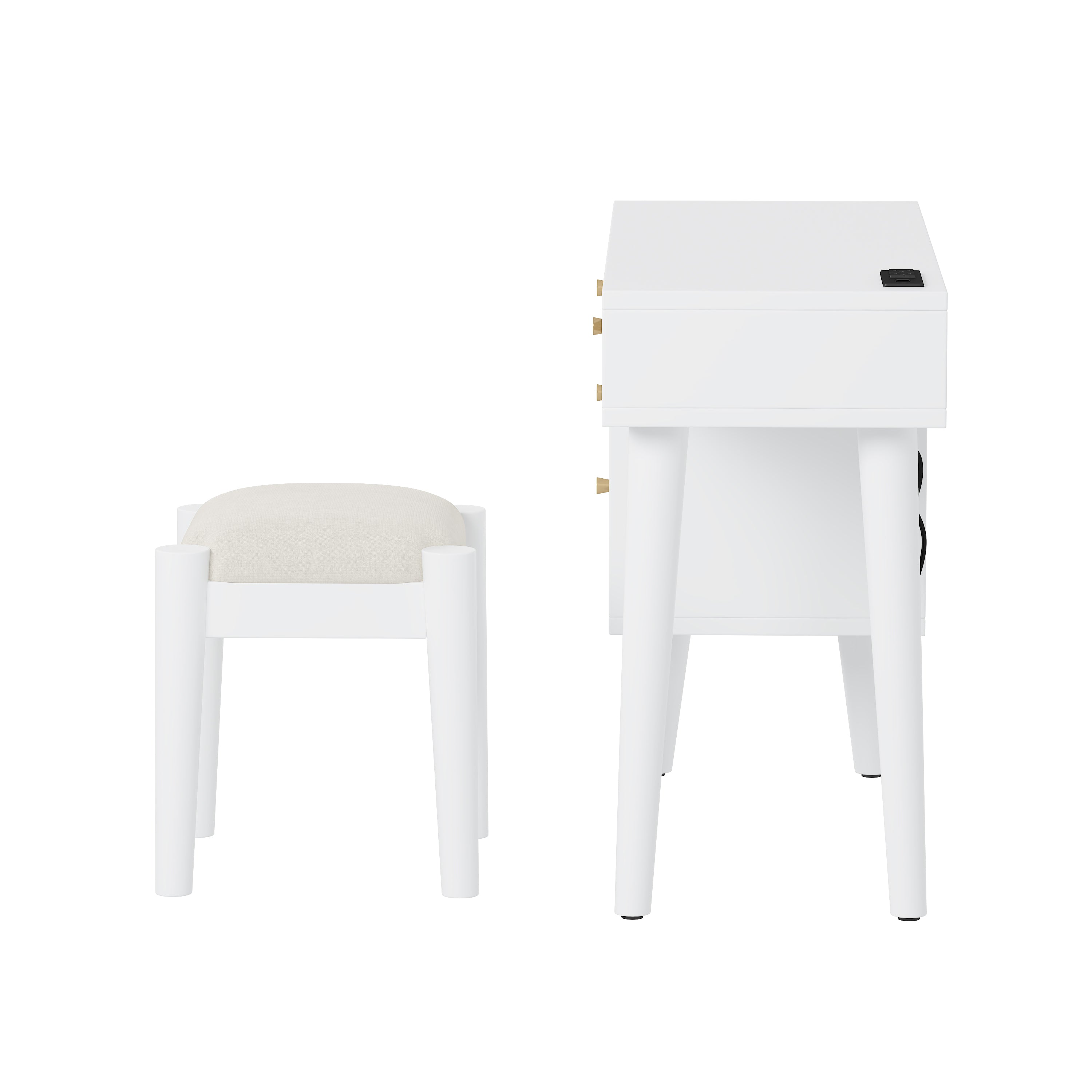 39' Retro Bohemian Style Wooden Makeup Vanity Set with Charging Plug&USB Port and Stool, Dressing Table with 3 Storage Drawers and 1 Rectangular Rattan Drawer, White