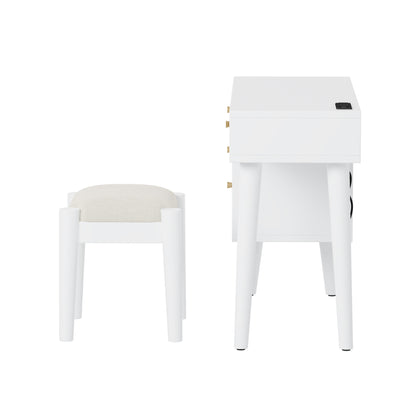 39' Retro Bohemian Style Wooden Makeup Vanity Set with Charging Plug&USB Port and Stool, Dressing Table with 3 Storage Drawers and 1 Rectangular Rattan Drawer, White