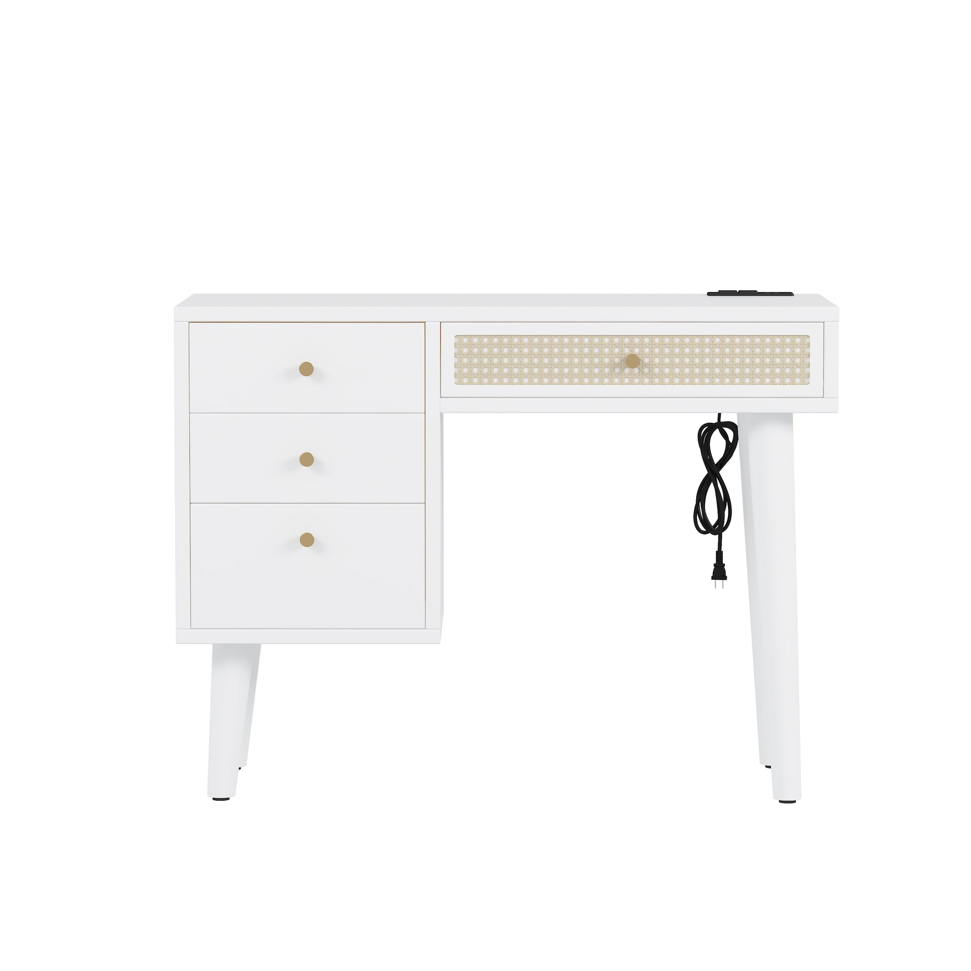 39' Retro Bohemian Style Wooden Makeup Vanity Set with Charging Plug&USB Port and Stool, Dressing Table with 3 Storage Drawers and 1 Rectangular Rattan Drawer, White