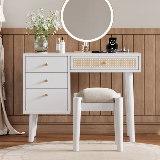 39' Retro Bohemian Style Wooden Makeup Vanity Set with Charging Plug&USB Port and Stool, Dressing Table with 3 Storage Drawers and 1 Rectangular Rattan Drawer, White