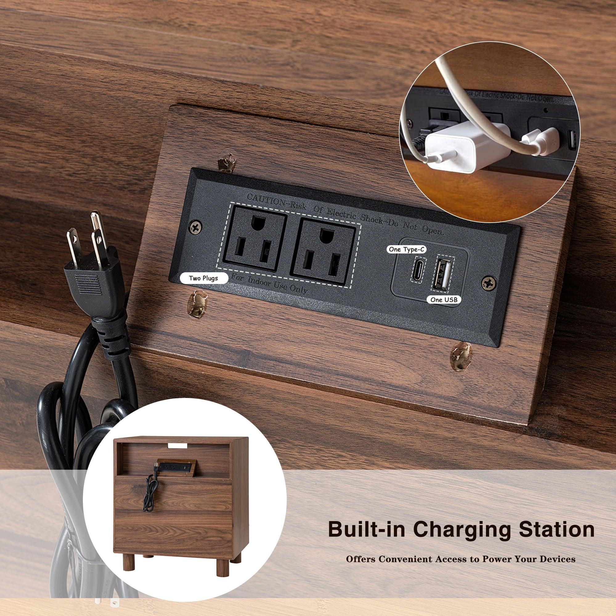 Modern Nightstand with Charging Station & Storage Drawers.