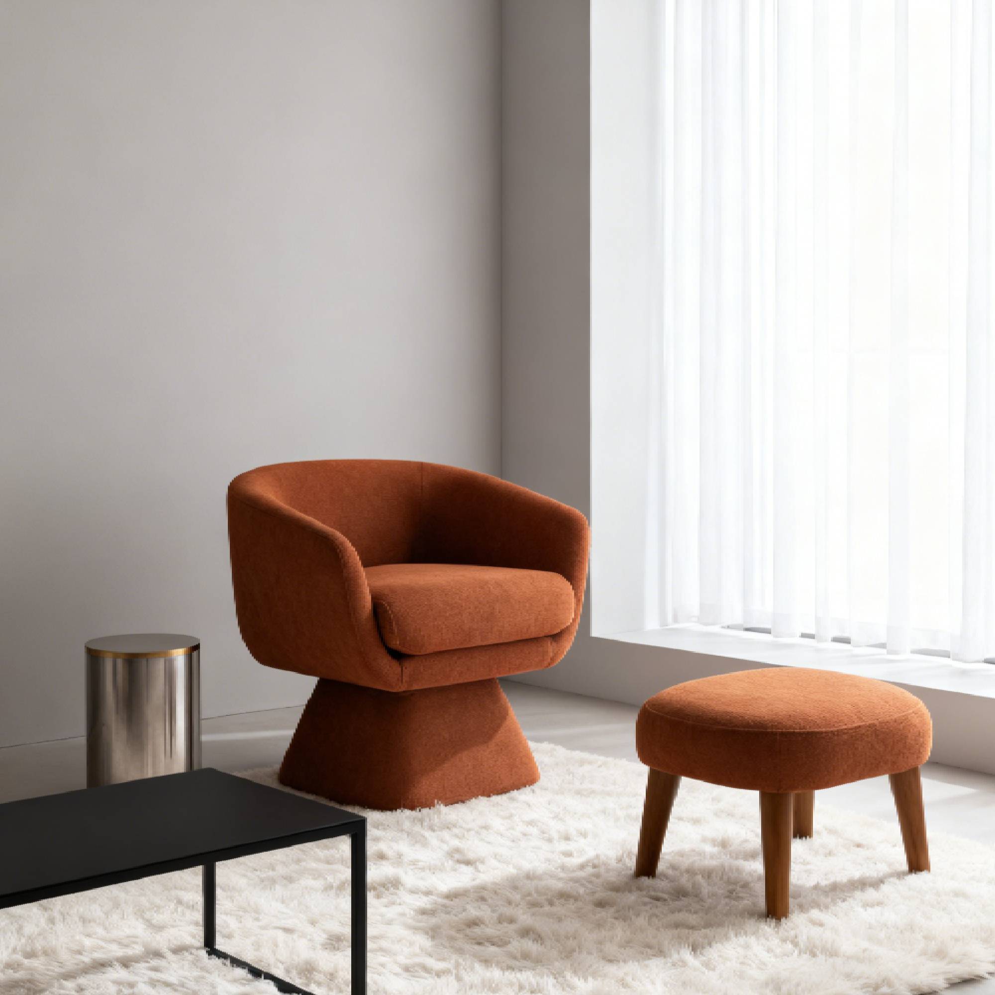 Modern Accent Chair with Ottoman in a minimalist living room with white rug, combining comfort and modern design.