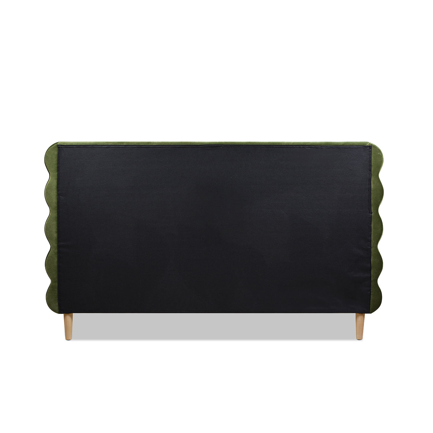 Back view of the Stockholm Modern king bed's wavy headboard in olive green velvet with black fabric panel and wood legs.