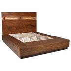 Smokey walnut king bed with live-edge headboard, butterfly joinery, and a modern floating base with wood slat support.