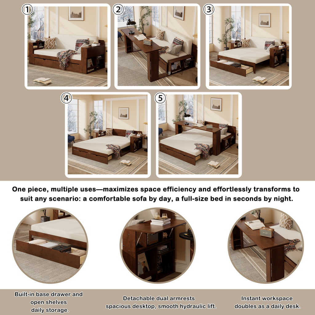 Infographic showing Queen Multifunctional Daybed transforming from sofa to bed with desk and storage, ideal for space-saving needs.