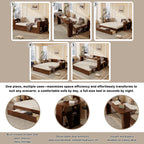 Infographic showing Queen Multifunctional Daybed transforming from sofa to bed with desk and storage, ideal for space-saving needs.