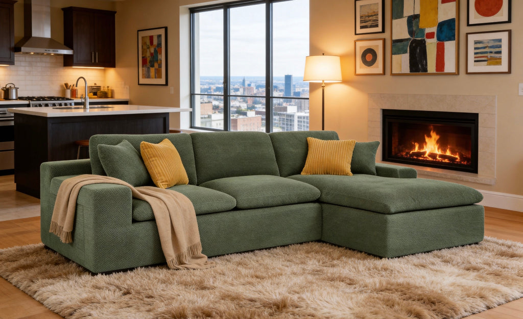 Dark Green Polyester Blend 3-Seater Sectional with Side Storage