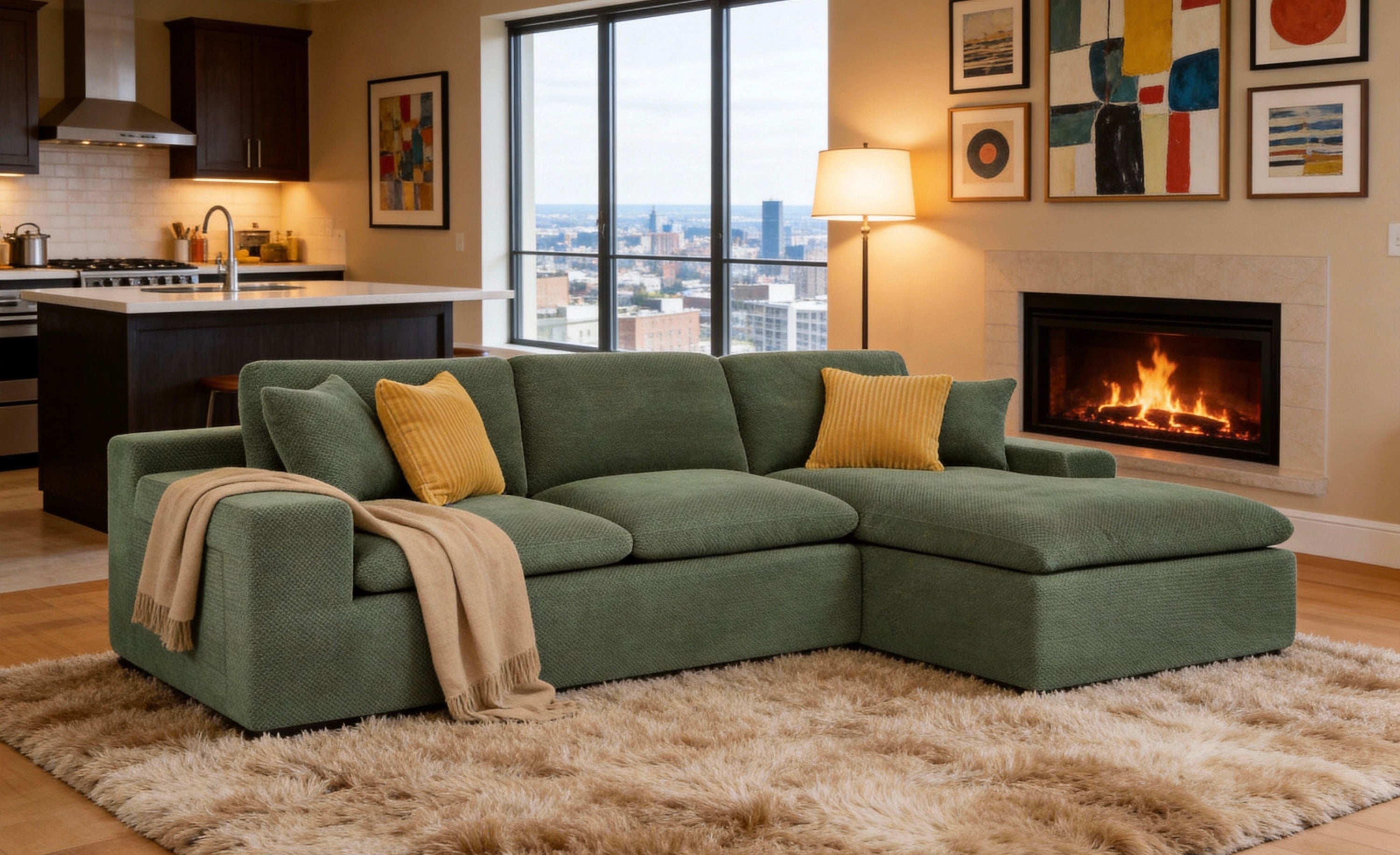 Dark Green Polyester Blend 3-Seater Sectional with Side Storage