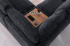Top view of Celine sectional sofa's wooden tray with USB port and cupholders. Dark gray fabric and smart living room features.