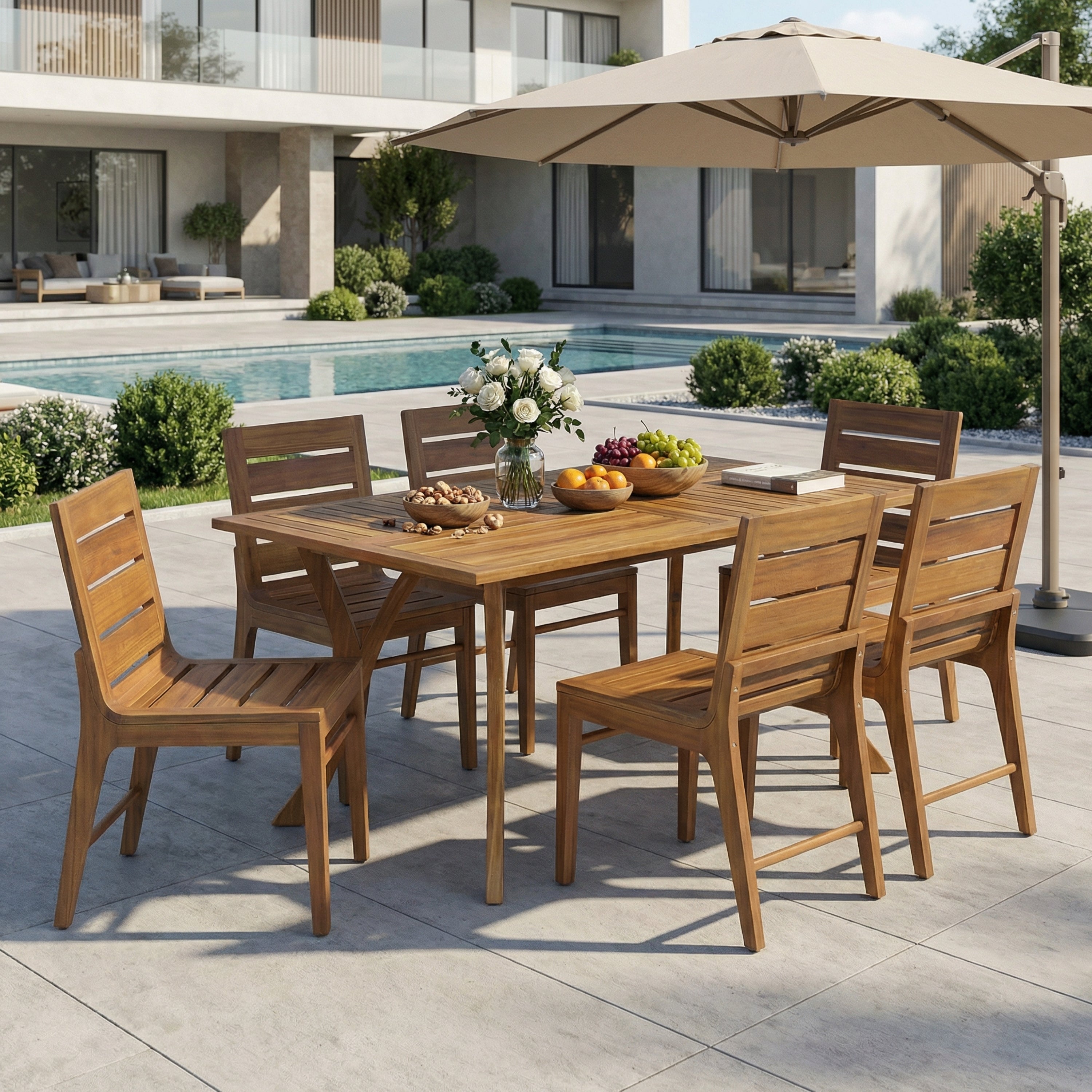 7-Piece Outdoor Acacia Wood Dining Set in Teak Finish with 6 Chairs