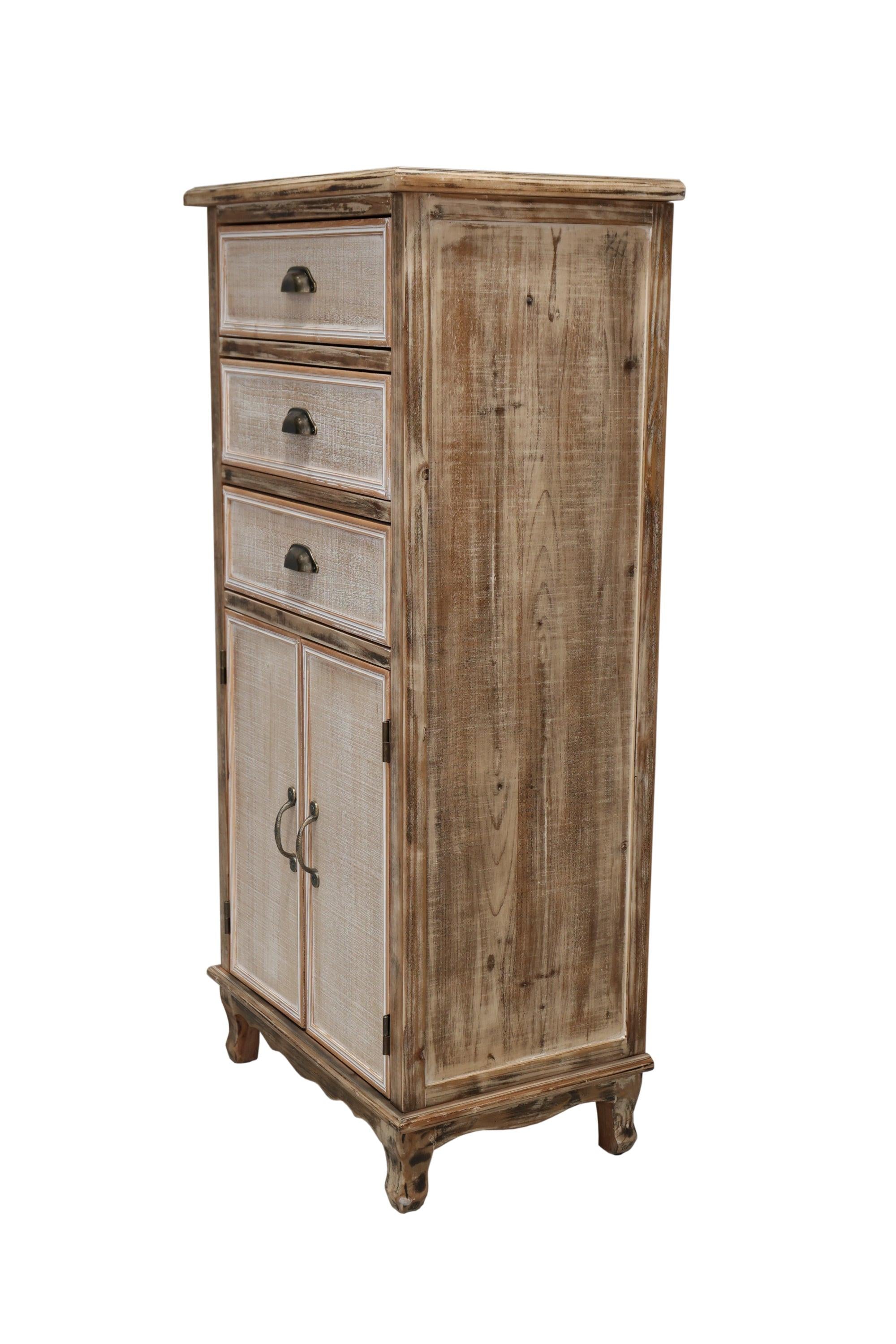 Rustic Wooden Storage Cabinet with Cutout Door & Drawers.