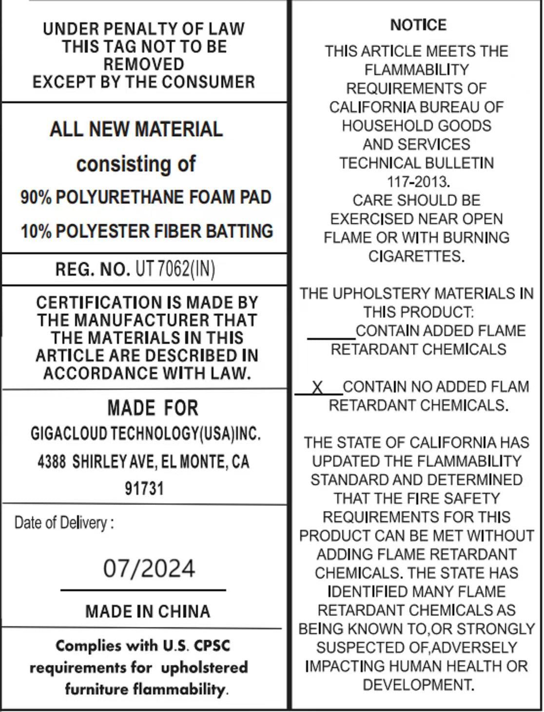 Product label for modular sectional sofa, detailing materials including polyurethane foam and polyester fiber batting.