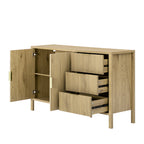 Modern sideboard cabinet with open drawers and doors, displaying internal compartments for versatile home organization.