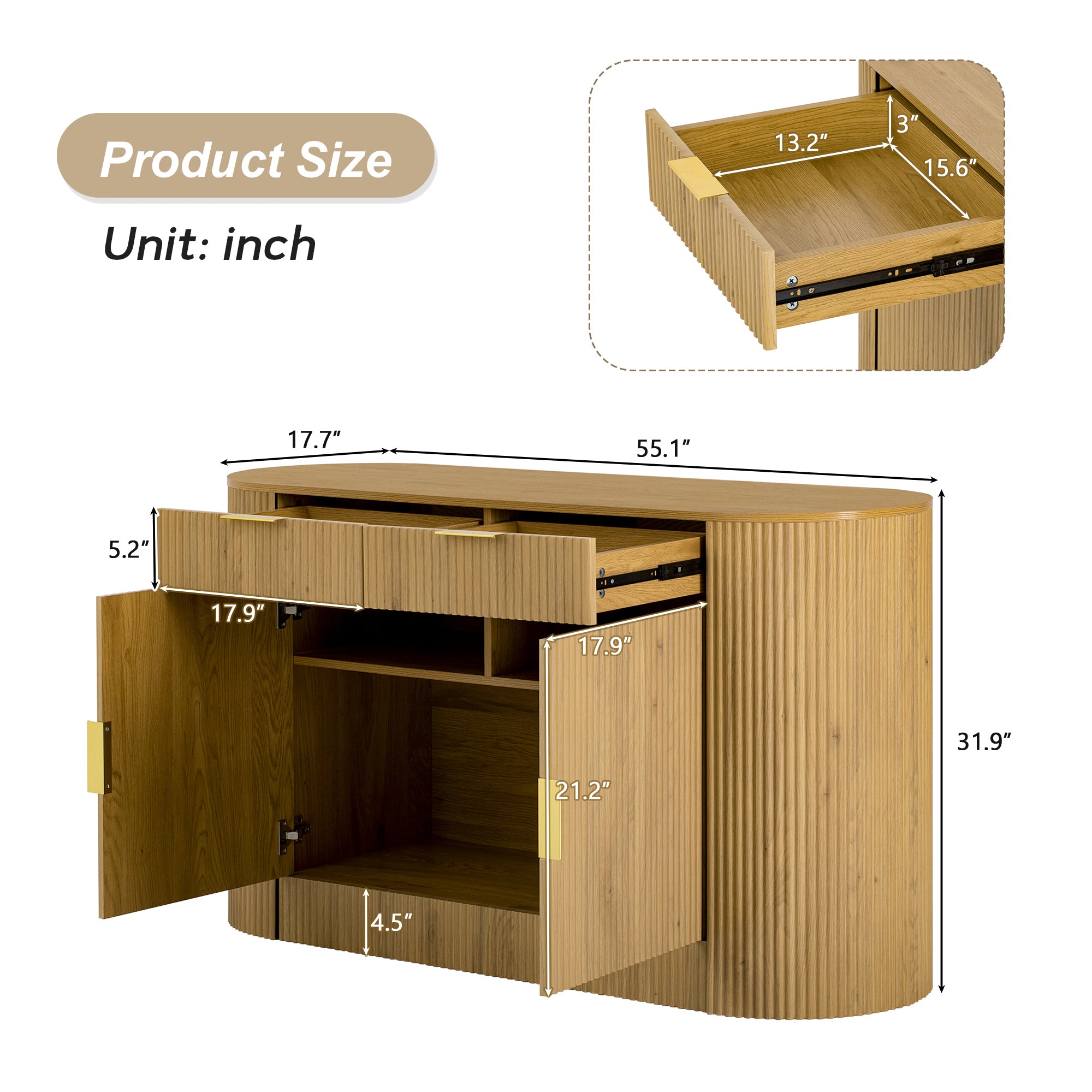 Modern storage cabinet dimensions with detailed drawer measurements and full cabinet size in inches for accurate fitting.