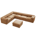 Modern 6-piece modular sectional sofa in soft camel chenille fabric with a matching ottoman and sleek, low profile.