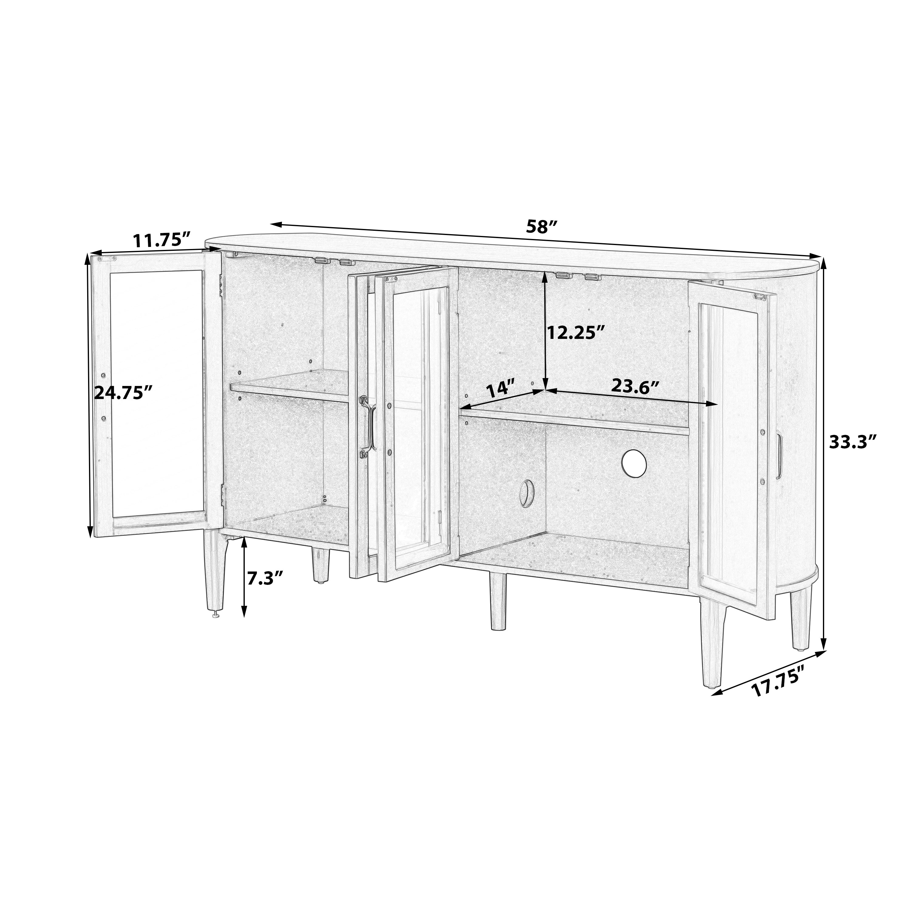Dimension diagram of black storage cabinet showing adjustable shelves, interior depth, and overall measurements for living room use.