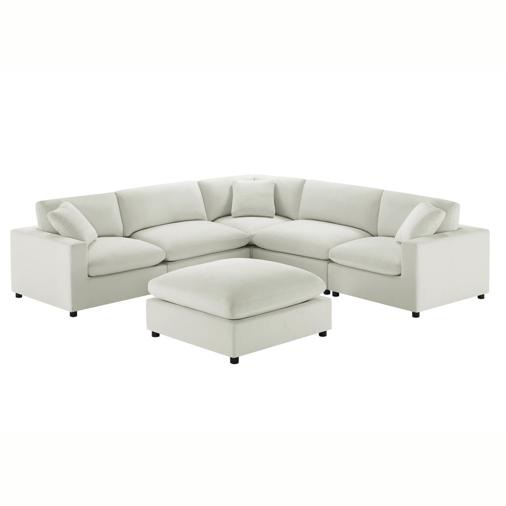Ivory 6-piece modular sectional with plush polyester upholstery, deep cushions, and low-profile solid wood legs.