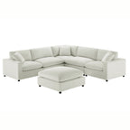 Ivory 6-piece modular sectional with plush polyester upholstery, deep cushions, and low-profile solid wood legs.