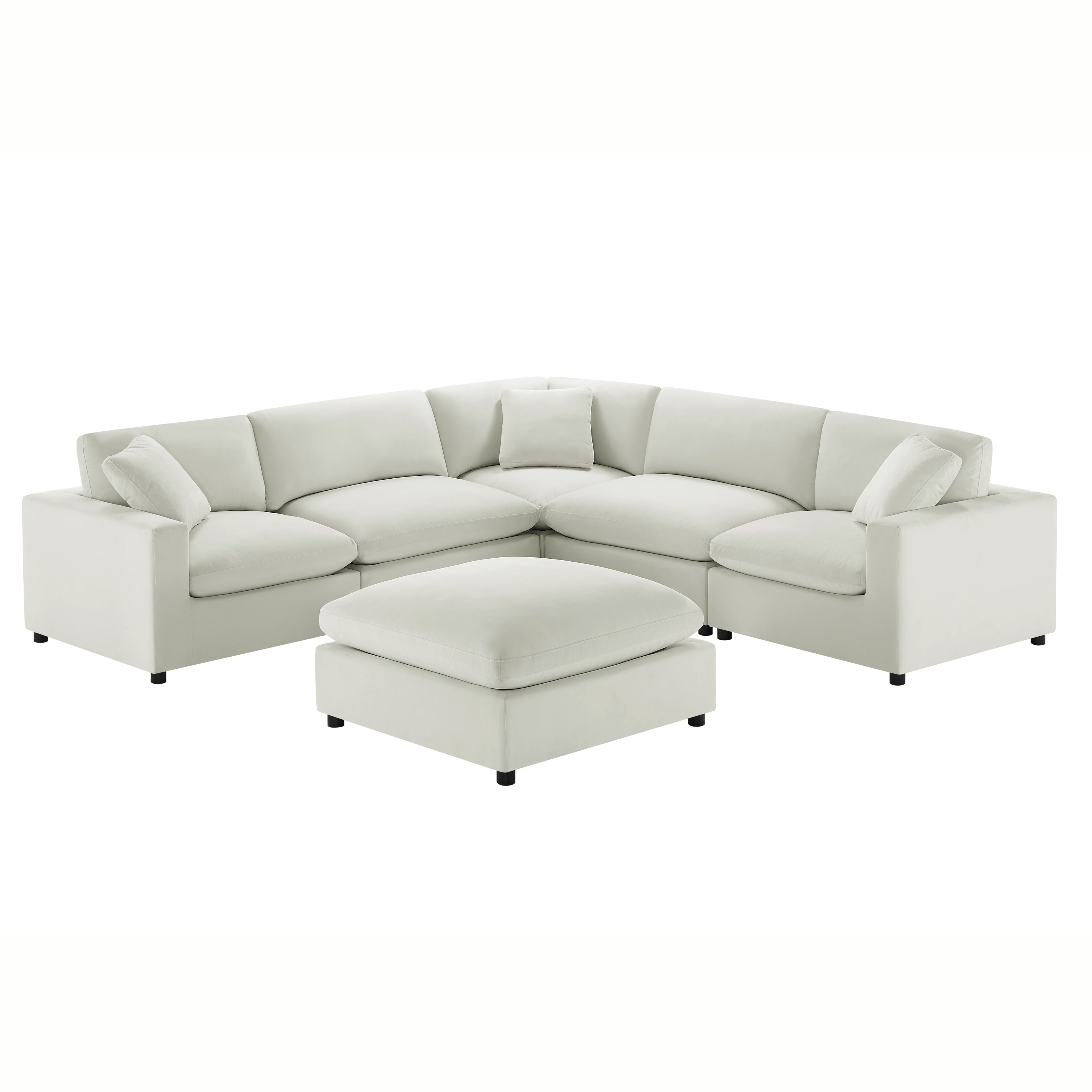 Ivory 6-piece modular sectional with plush polyester upholstery, deep cushions, and low-profile solid wood legs.