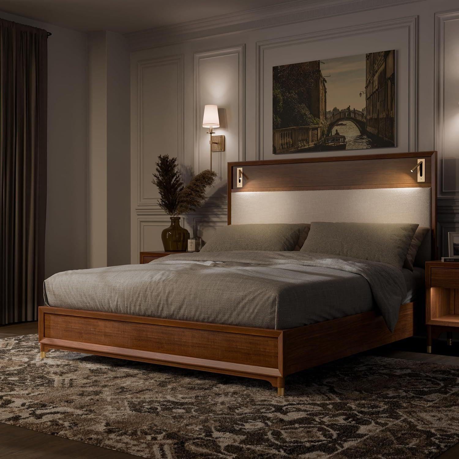Mid-Century Modern Queen Bed with Reading Light.