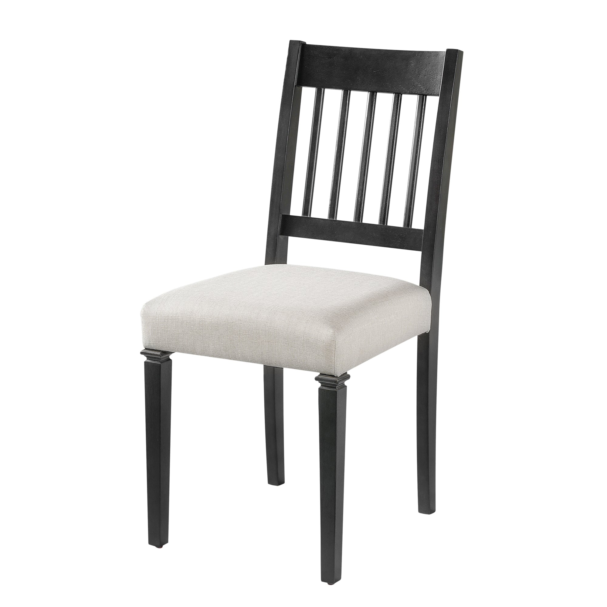 Retro dining chair with slatted black backrest and cushioned beige seat, included in 6-piece space-saving dining furniture set.