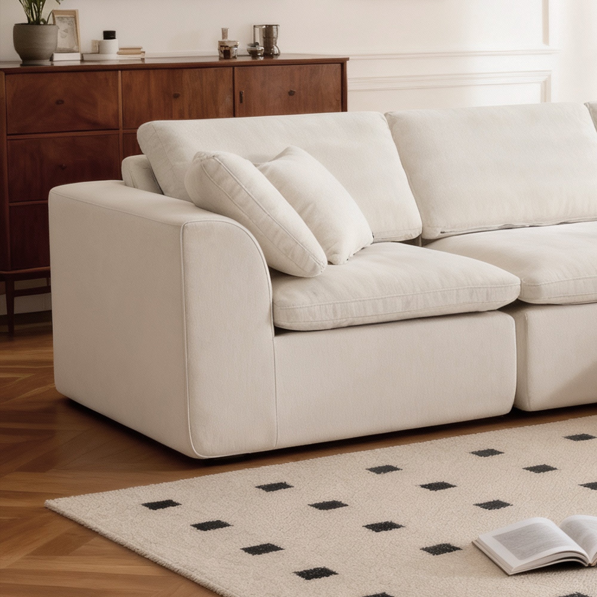 L-Shaped Sectional Sofa - Modern Style close-up of chenille fabric and plush cushions, showcasing premium comfort and design.