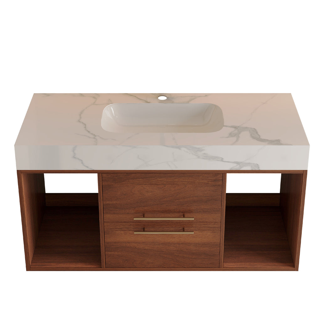39.4 '' Floating Bathroom Vanity with Ceramic sink,Wall Mounted Vanity 2 Soft Close Drawer and white slate top Bathroom Vanity