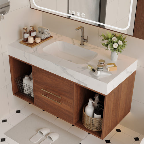 39.4 '' Floating Bathroom Vanity with Ceramic sink,Wall Mounted Vanity 2 Soft Close Drawer and white slate top Bathroom Vanity