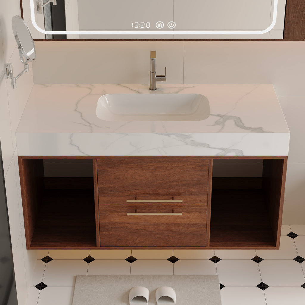 39.4 '' Floating Bathroom Vanity with Ceramic sink,Wall Mounted Vanity 2 Soft Close Drawer and white slate top Bathroom Vanity