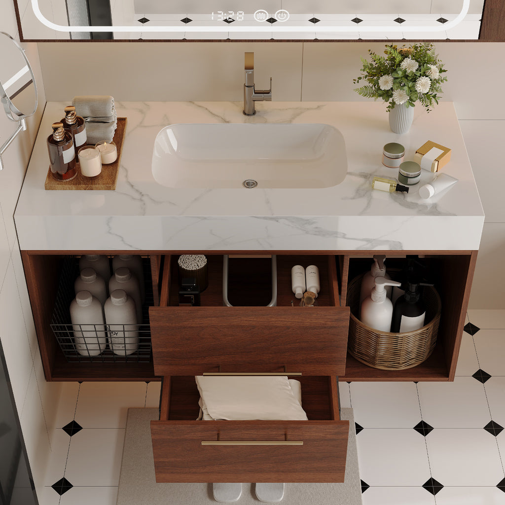 39.4 '' Floating Bathroom Vanity with Ceramic sink,Wall Mounted Vanity 2 Soft Close Drawer and white slate top Bathroom Vanity
