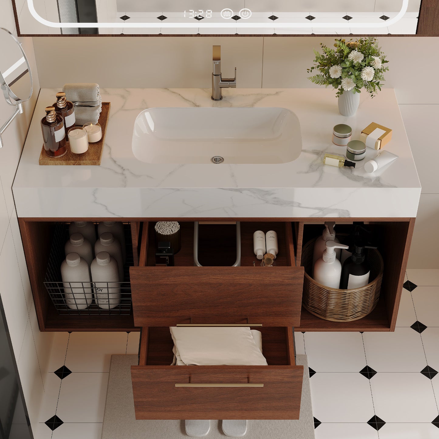 39.4 '' Floating Bathroom Vanity with Ceramic sink,Wall Mounted Vanity 2 Soft Close Drawer and white slate top Bathroom Vanity