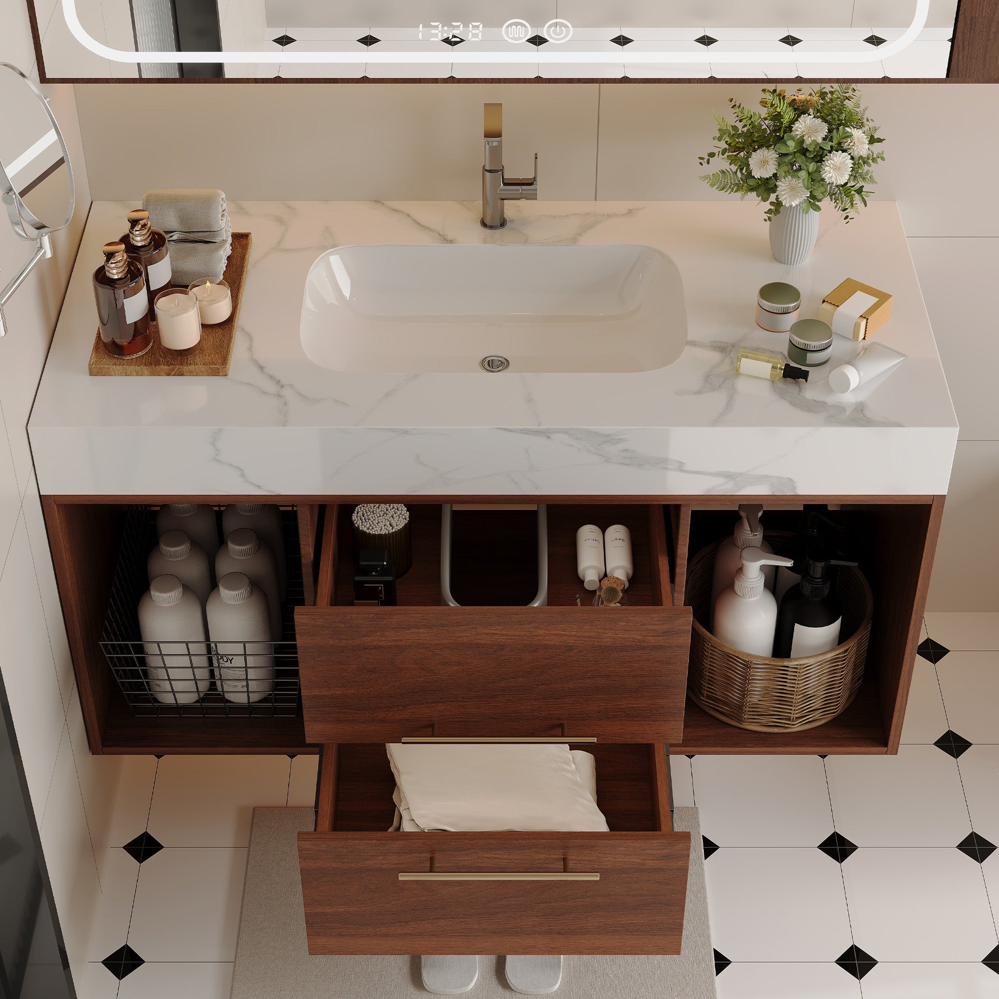 39.4 '' Floating Bathroom Vanity with Ceramic sink,Wall Mounted Vanity 2 Soft Close Drawer and white slate top Bathroom Vanity