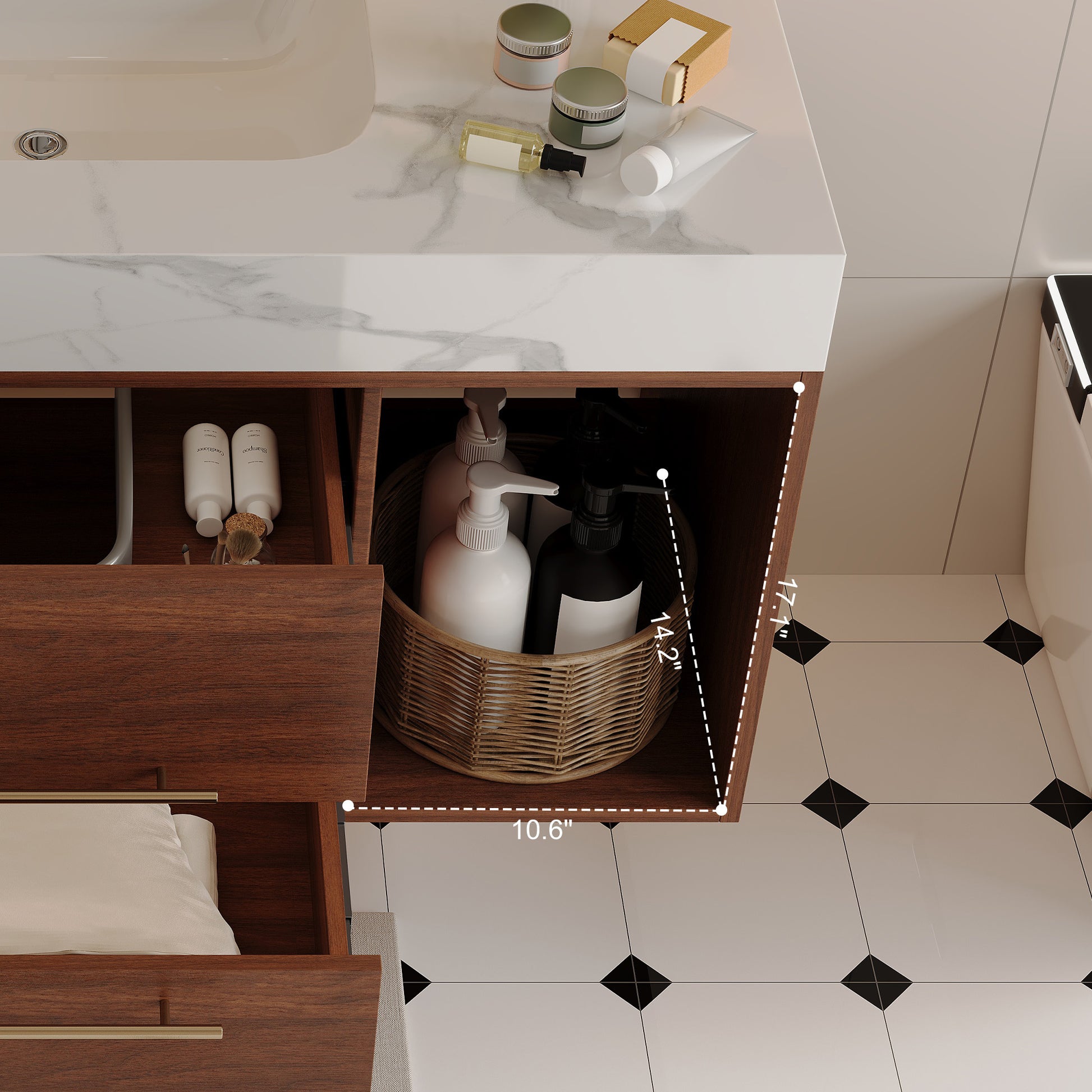 39.4 '' Floating Bathroom Vanity with Ceramic sink,Wall Mounted Vanity 2 Soft Close Drawer and white slate top Bathroom Vanity