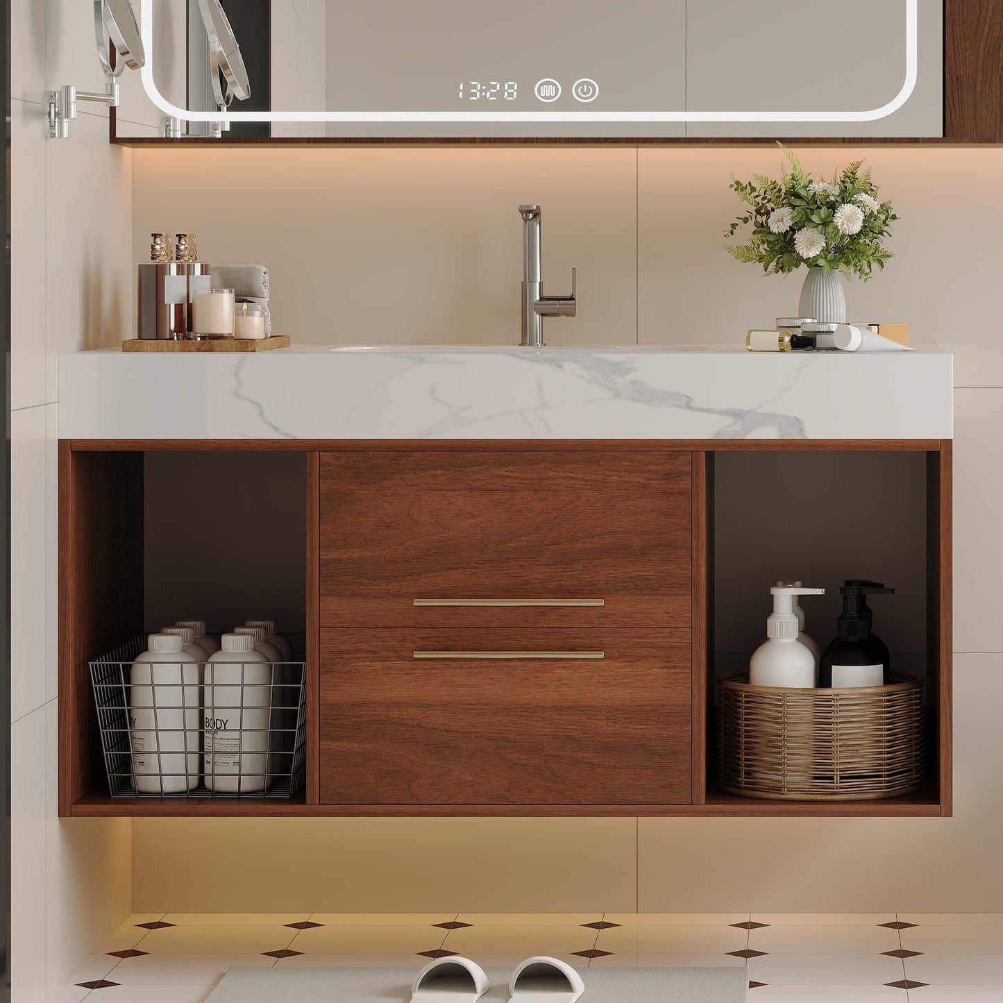 39.4 '' Floating Bathroom Vanity with Ceramic sink,Wall Mounted Vanity 2 Soft Close Drawer and white slate top Bathroom Vanity