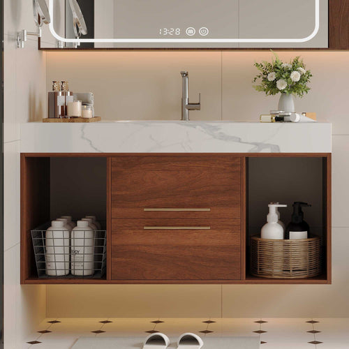 39.4 '' Floating Bathroom Vanity with Ceramic sink,Wall Mounted Vanity 2 Soft Close Drawer and white slate top Bathroom Vanity