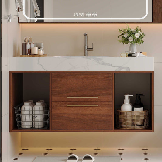 39.4 '' Floating Bathroom Vanity with Ceramic sink,Wall Mounted Vanity 2 Soft Close Drawer and white slate top Bathroom Vanity